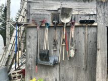 Assorted brooms, shovels, rakes, landscape rakes